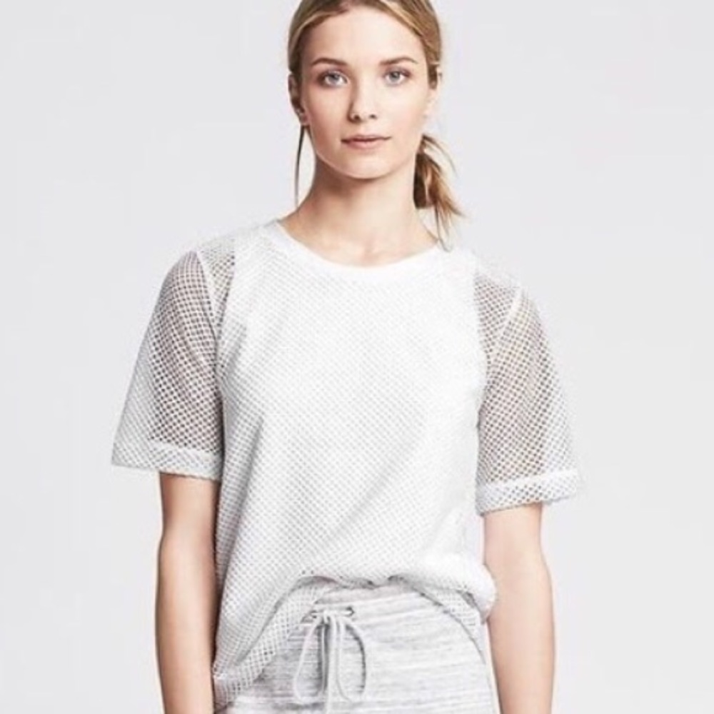 Banana Republic White Mesh Overlay Boxy Top Small